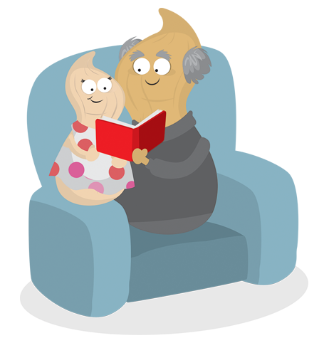 Lifelong learning: Granddad nut reading to granddaughter nut
